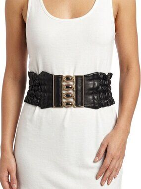 Vegan Faux Leather Wide Cinch Belt Black Ruffled Stretch Waist Band Gold Buckle